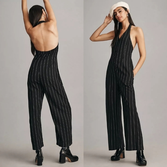 Anthropologie Little Lies Pinstripe Halter Neck Jumpsuit